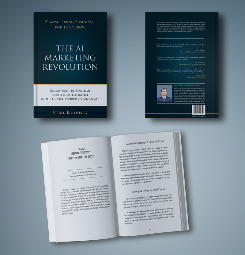 The AI Marketing Revolution front and back covers, with an open spread from the chapter Designing Effectively