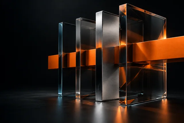 Original studio concept: transparent optical layers and a precise orange blade.