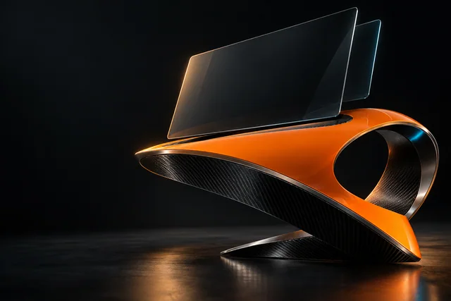 Original studio concept: orange aerodynamic sculpture with floating glass planes.