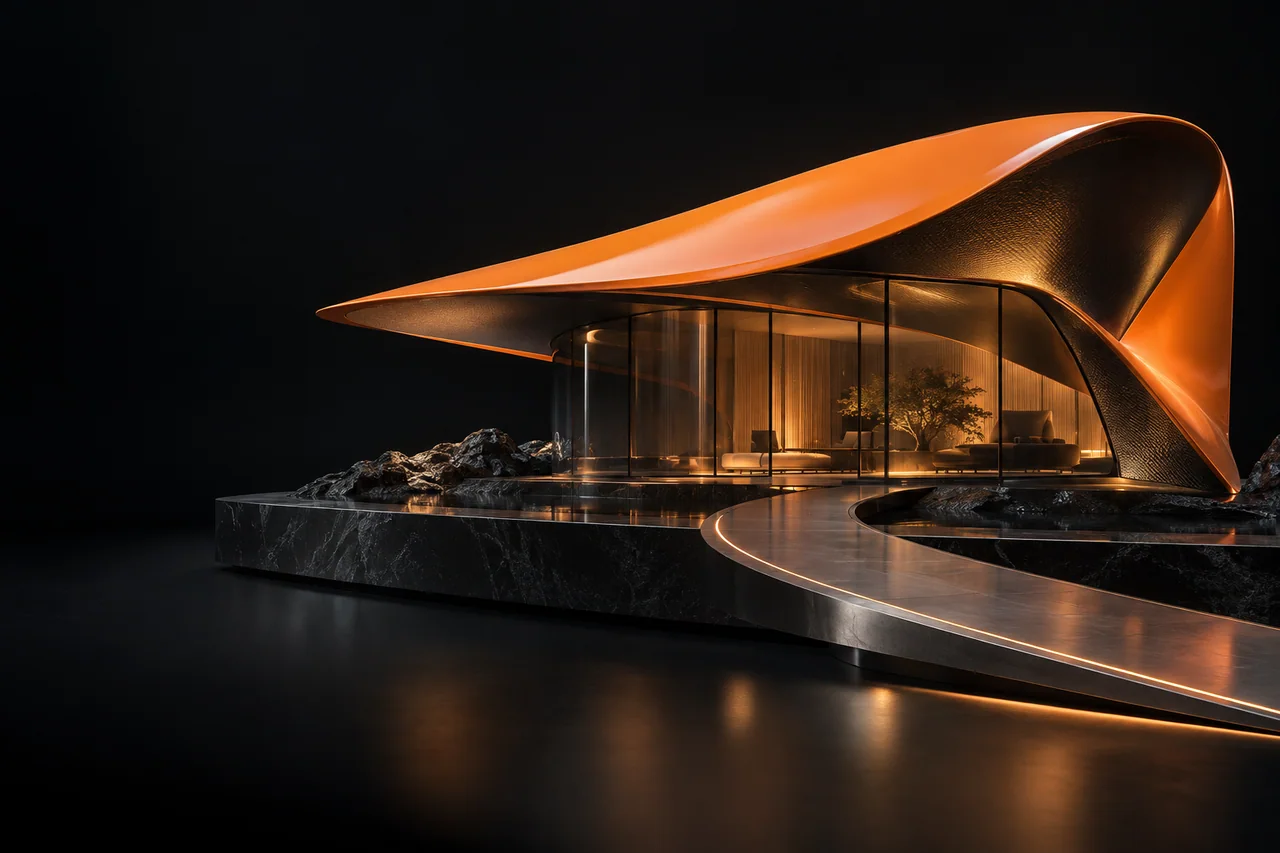 Original architectural concept model with an orange canopy and illuminated glass pavilion; not a real property.