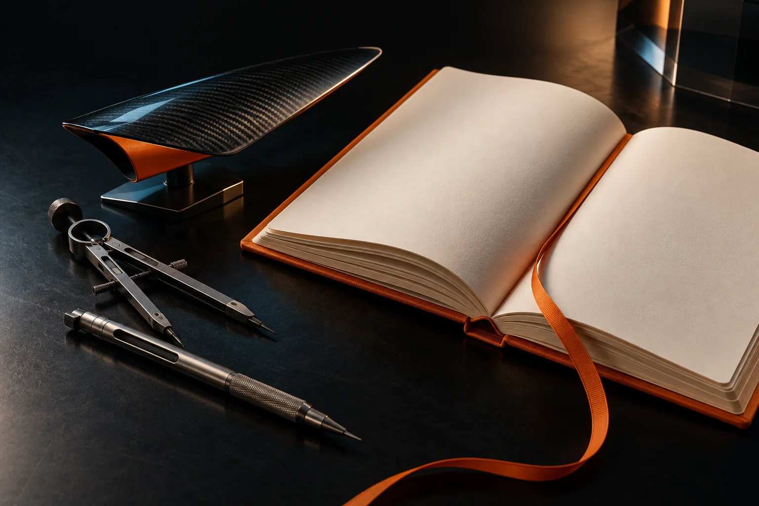 Original studio concept: an open blank sketchbook and precision design tools.