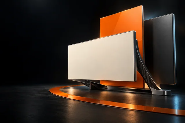 Original studio concept: three architectural presentation planes in ivory, orange and carbon.