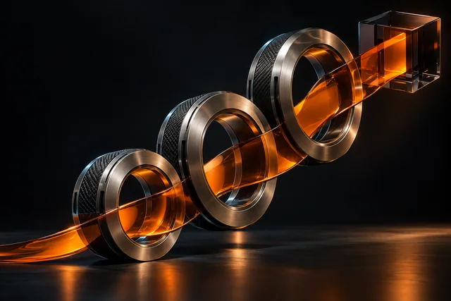 Original studio concept: an orange ribbon passing through precision metal rings.