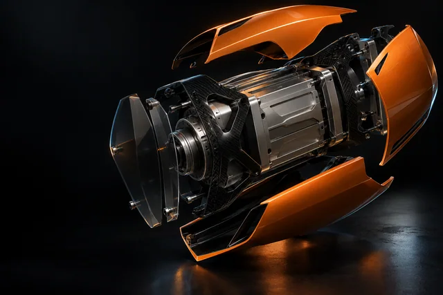 Original studio concept: an exploded orange, carbon and titanium mechanical core.