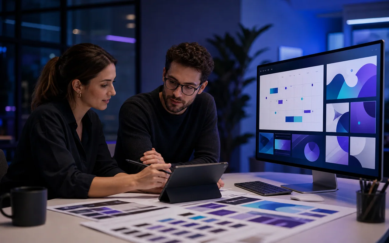 An illustrated editorial team reviewing an AI-assisted content plan.