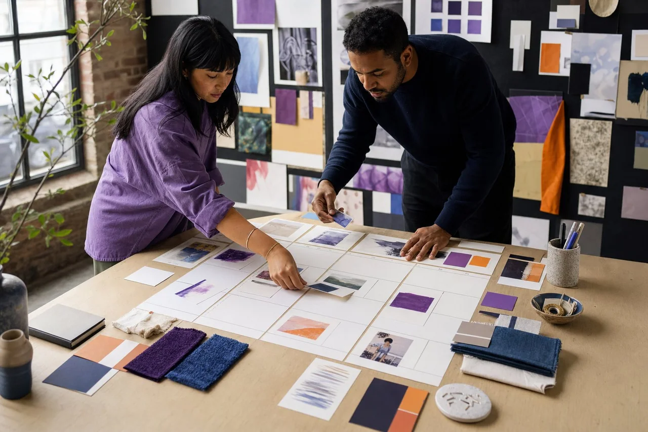 An illustrated studio arranging photography, audience and calendar material.