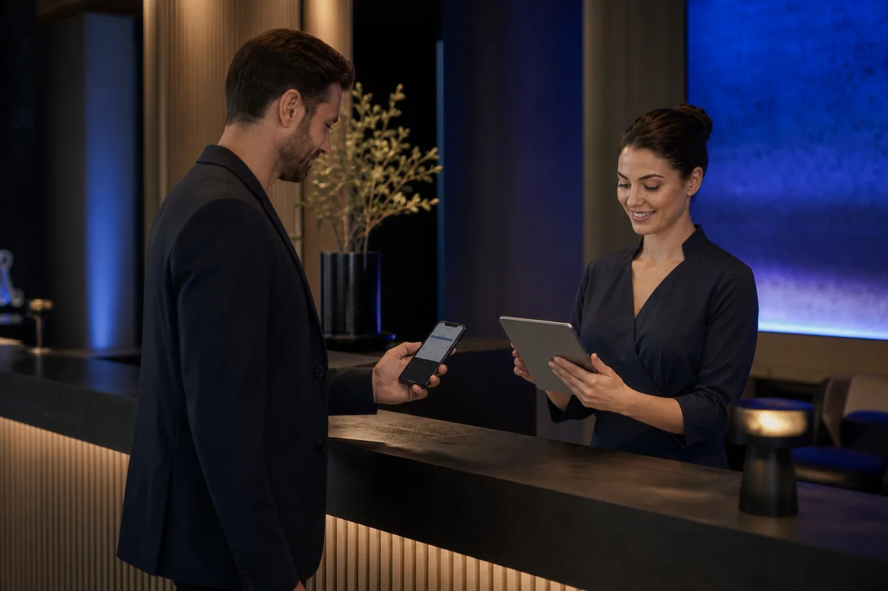 An illustrated mobile booking and reception workflow.