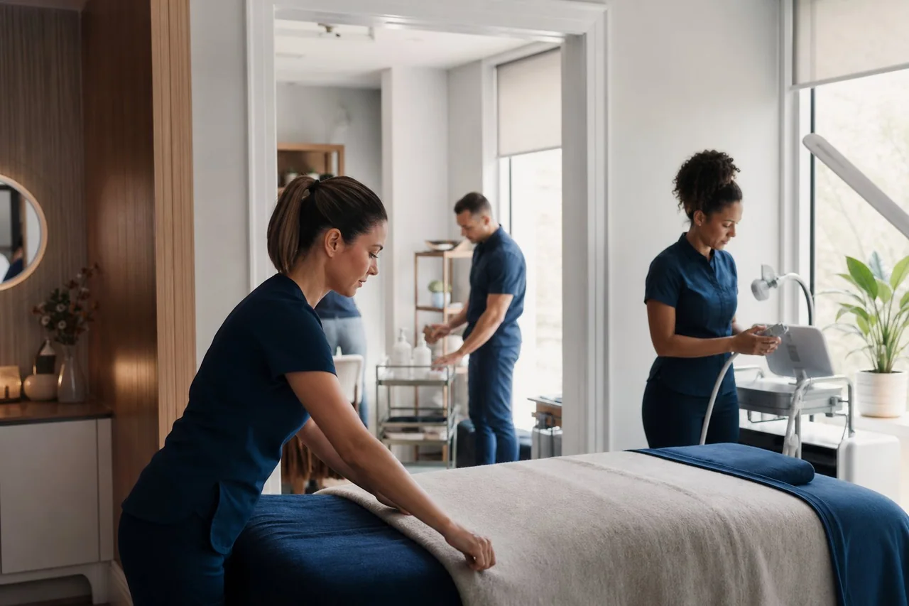 An illustrated service team preparing people and resources for an appointment.