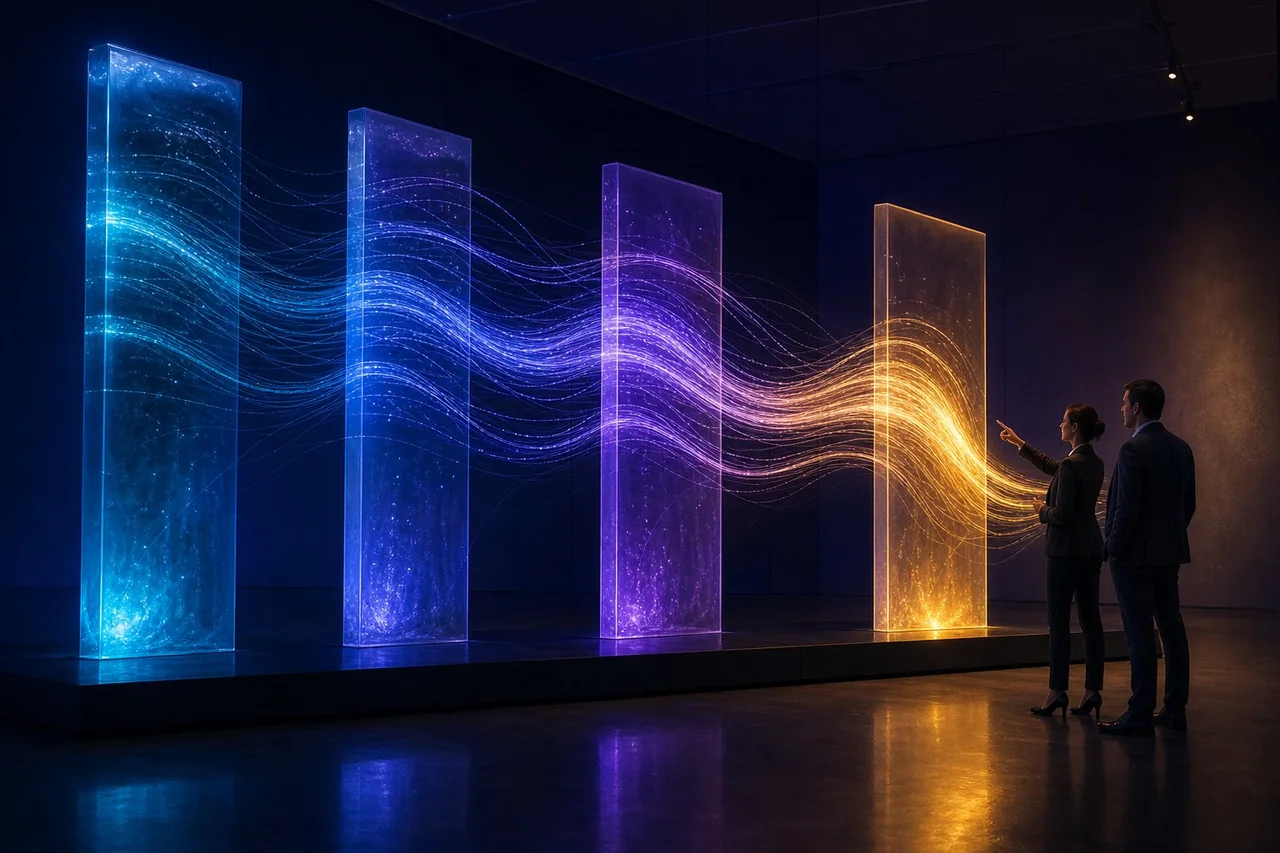 An illustrated view of business signals converging into a decision.