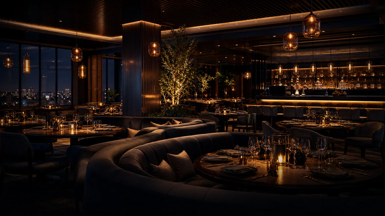 Illustrative restaurant and lounge setting from the HexaTech source material.