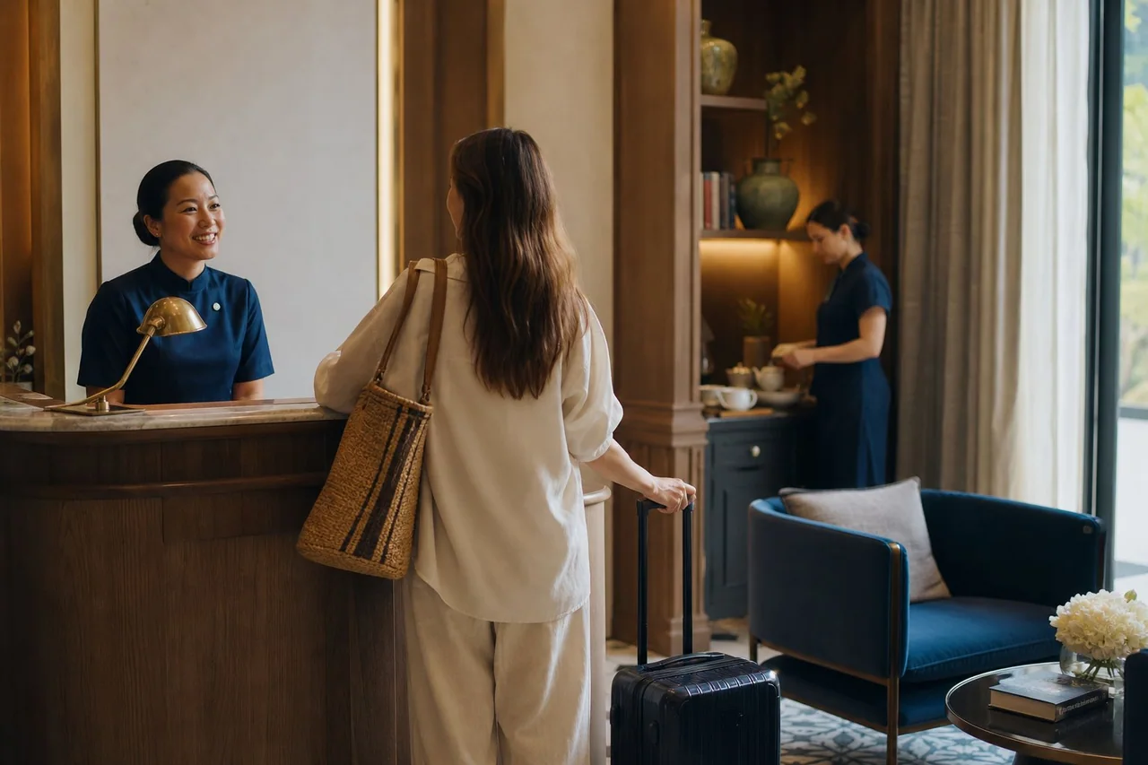An illustrated returning guest being recognised by a service team.