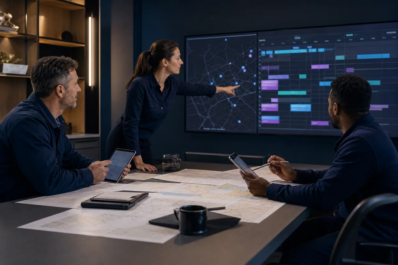 An illustrated operations team coordinating schedules and resources.