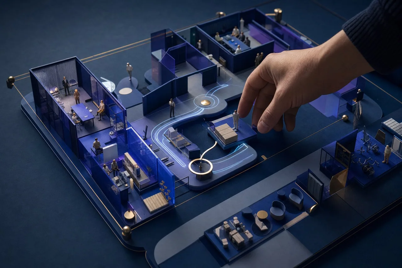 An illustrated model of people, rooms, equipment and time.