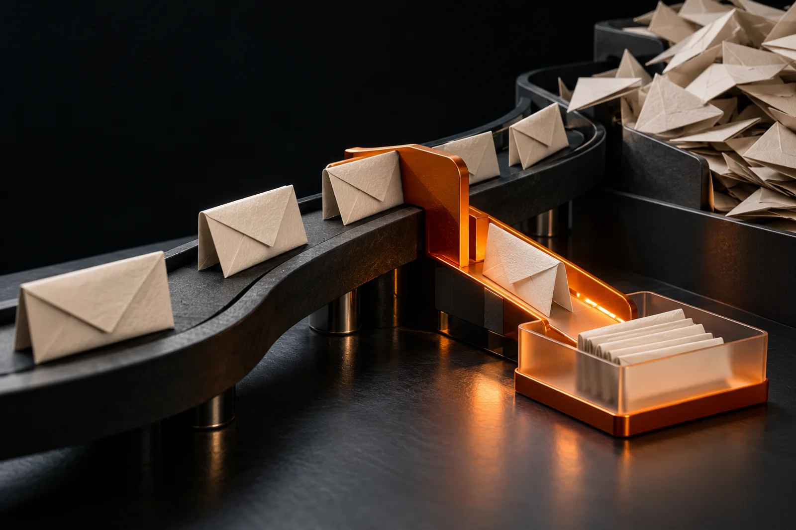 Concept illustration: a single orange gate gives paper messages a short, clear route into an organised tray.