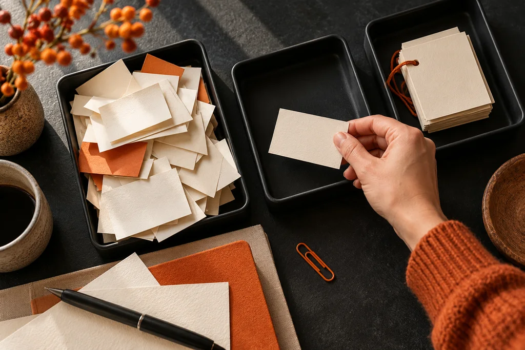 Illustrative desk scene: one message card is moved from a crowded inbox to a separate tray.