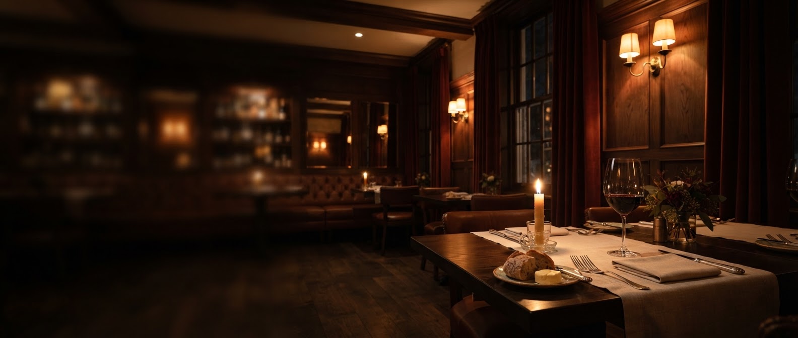 Warmly lit neighbourhood restaurant ready for evening guests