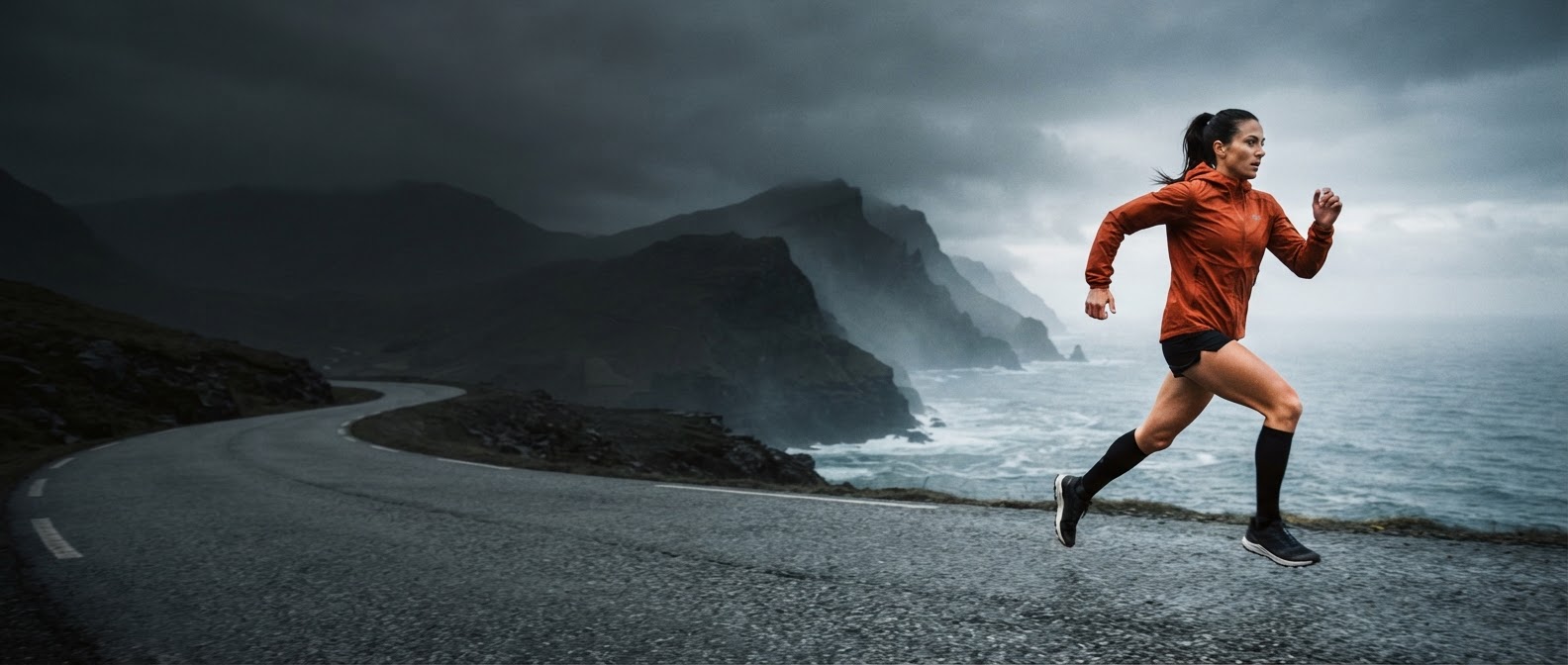 Runner on a coastal road beneath a dramatic sky