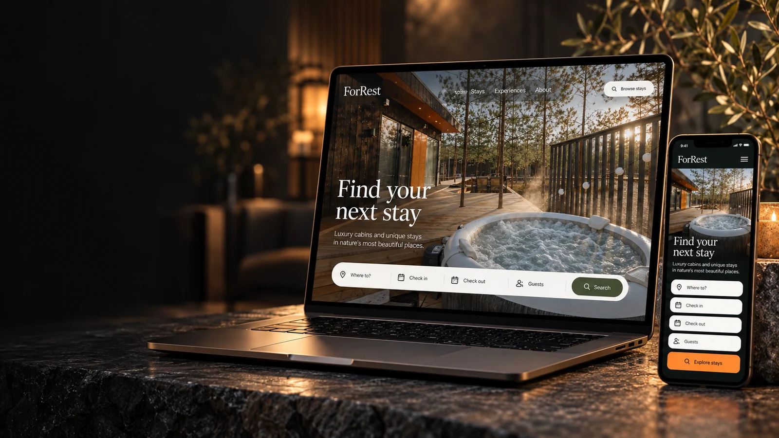 ForRest website presentation on a laptop and phone, with cabin stays and the accommodation search journey