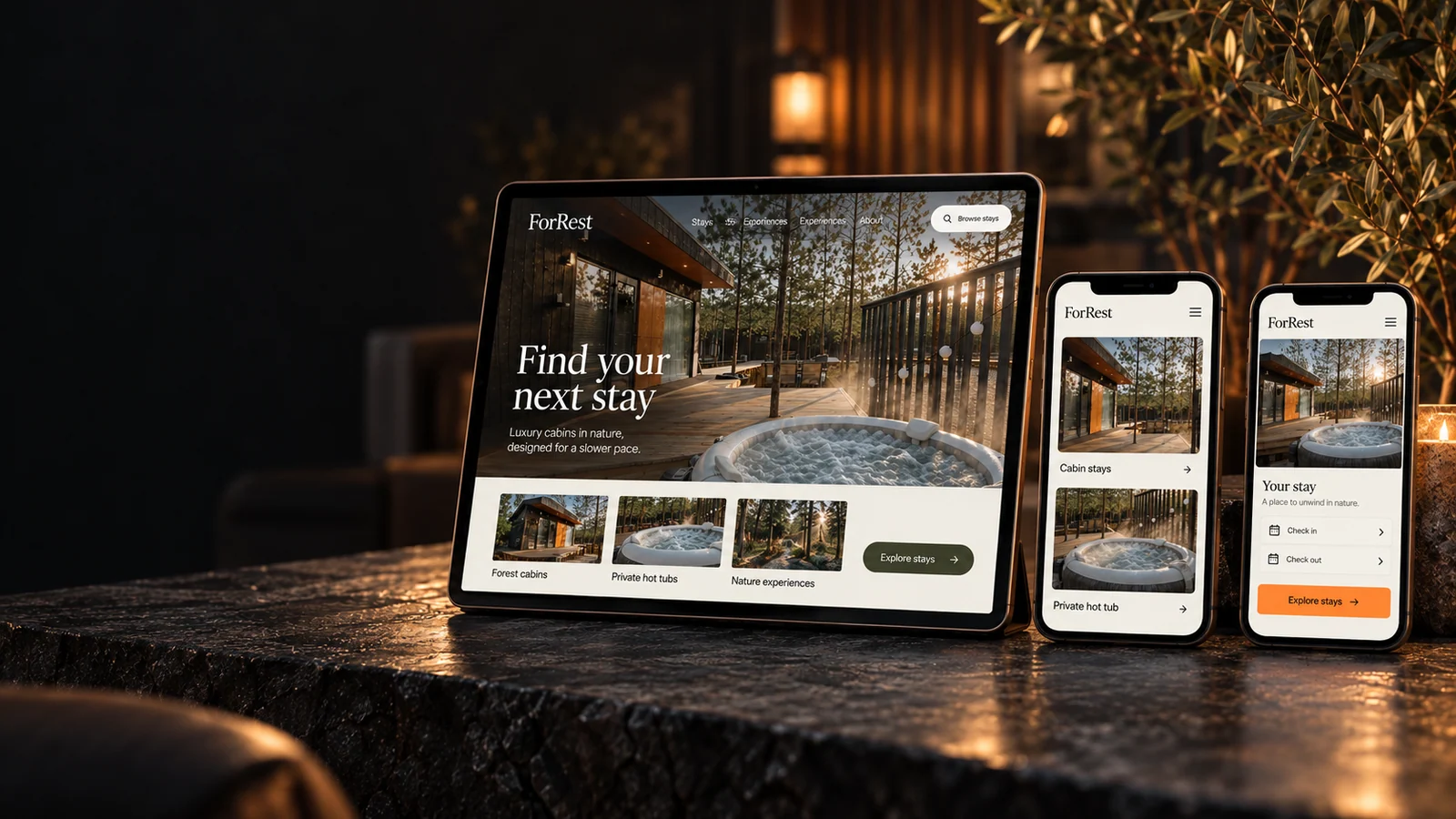 ForRest website presentation on a laptop and phones, showing accommodation and the stay booking journey