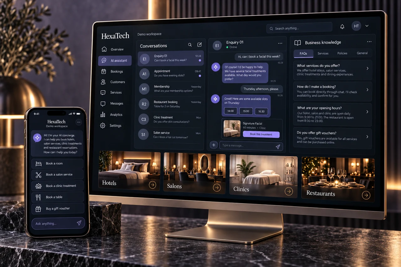 Illustrative HexaTech AI assistant inbox on a desktop display with a chat phone in a smoky lavender marble studio.