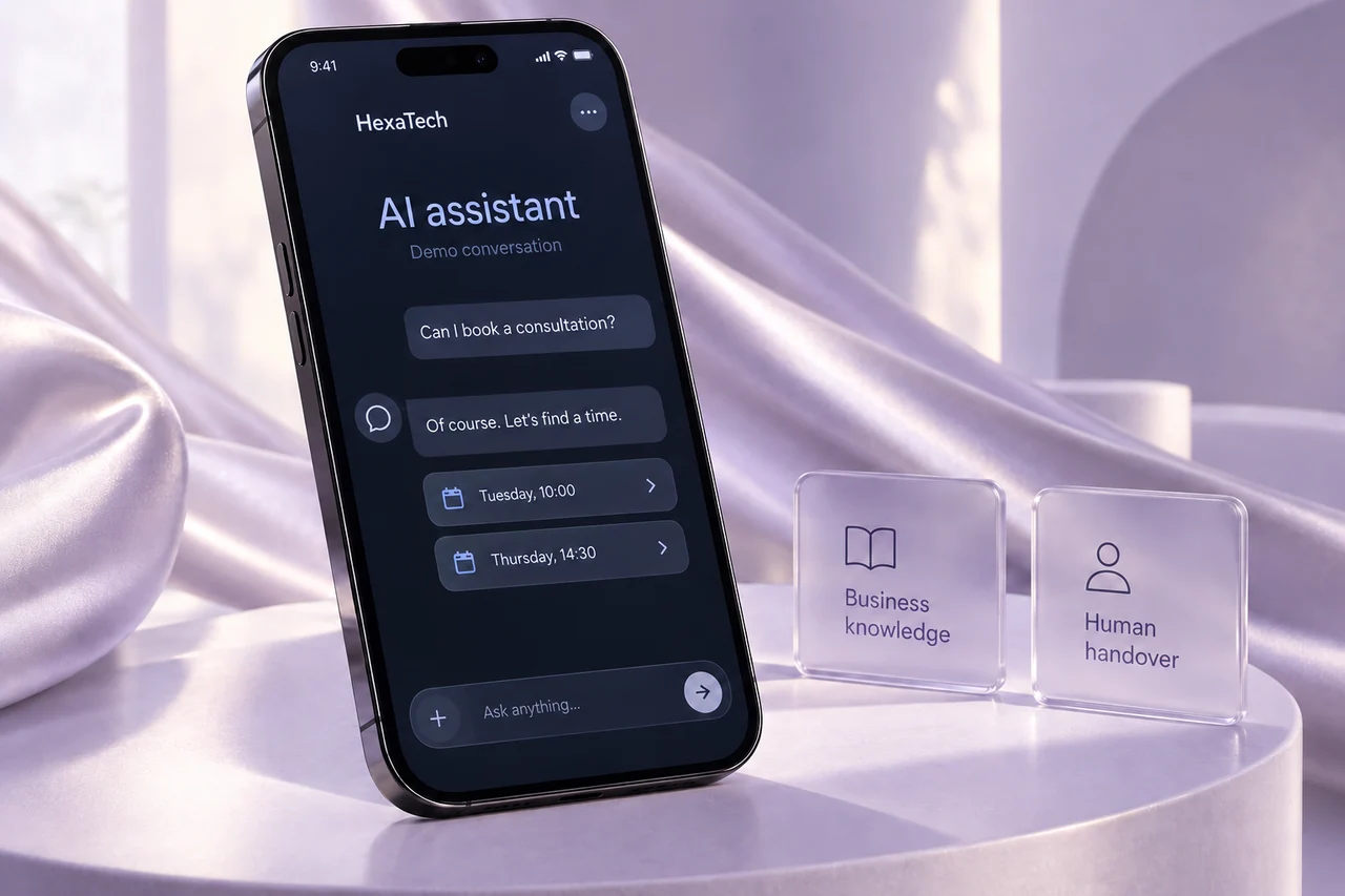 Illustrative HexaTech AI assistant conversation on a single phone against pale lavender satin, with business knowledge and human handover glass tiles.