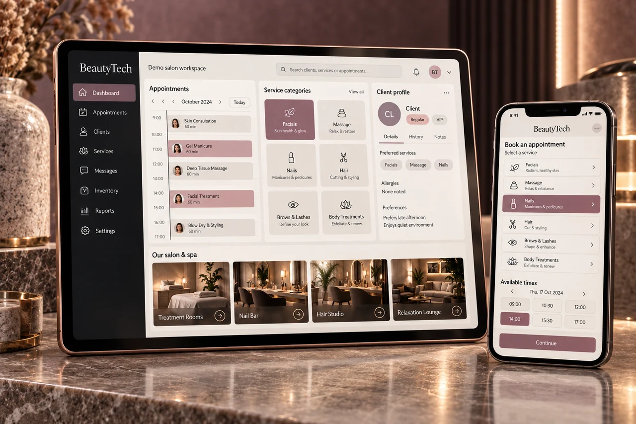 Illustrative BeautyTech salon booking and client-care software on a rose-gold tablet and phone in a mauve stone studio.