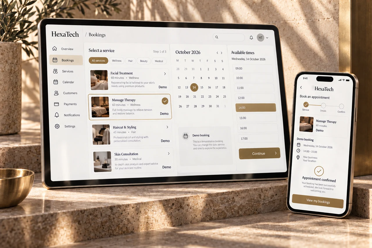 Booking calendar and availability interface on a tablet