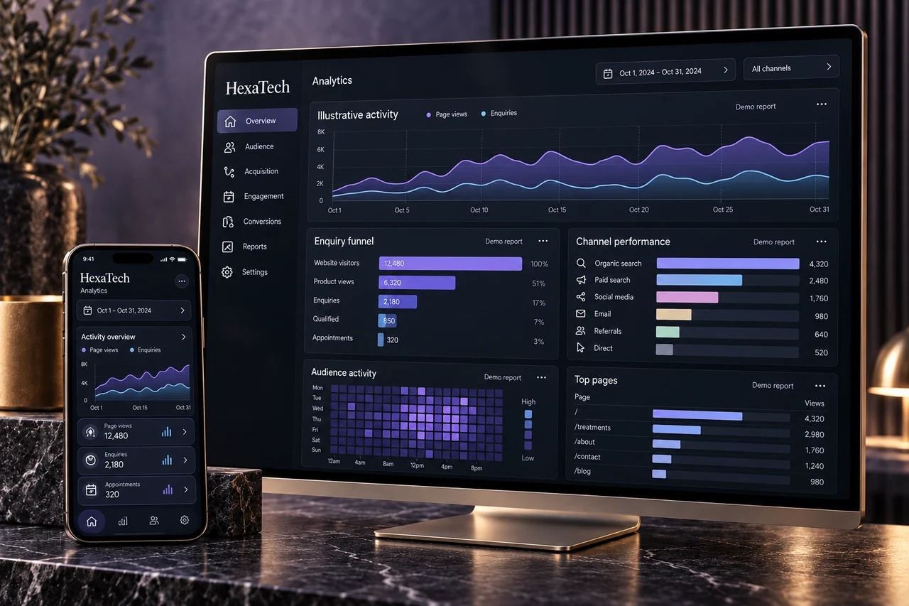 Business analytics on a large screen in a considered workspace