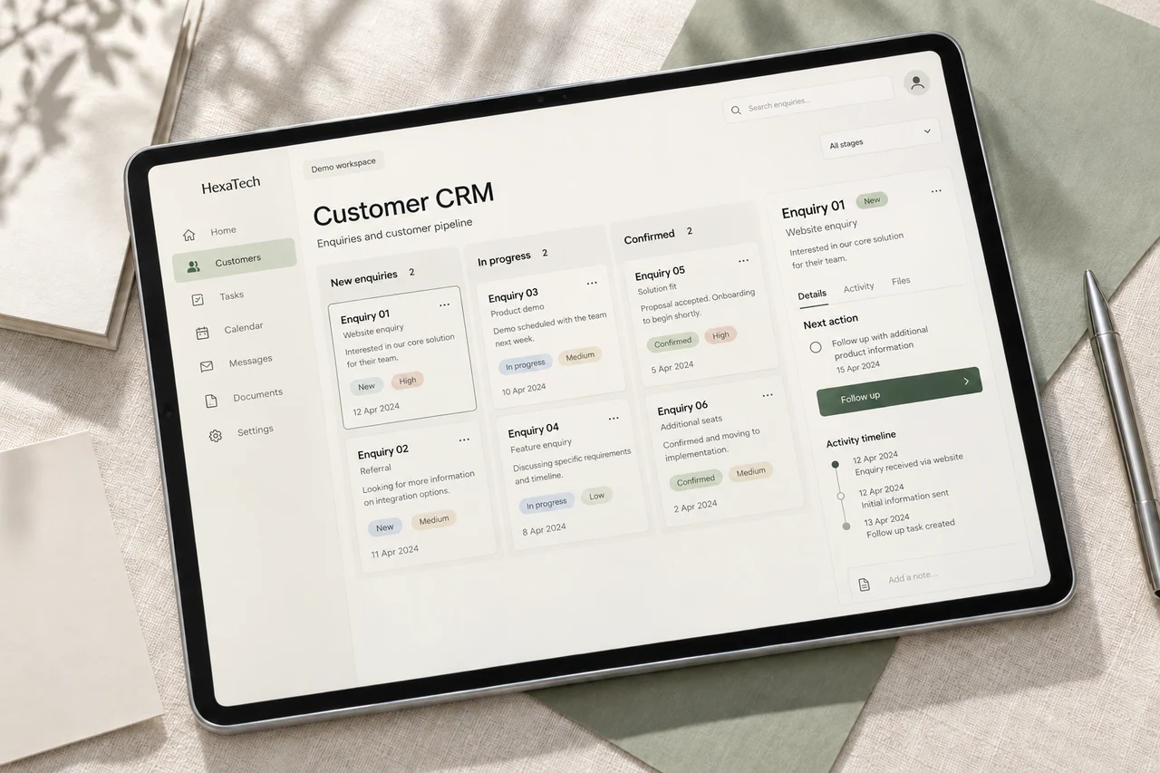 HexaTech customer CRM on a tablet with customer context and pipeline