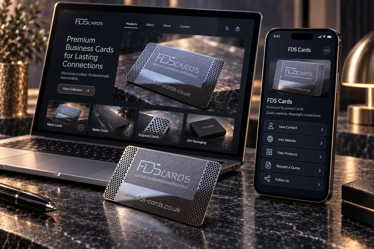 Illustrative FDS Cards product showcase retaining the original engraved metal card beside a digital-profile phone and website laptop.