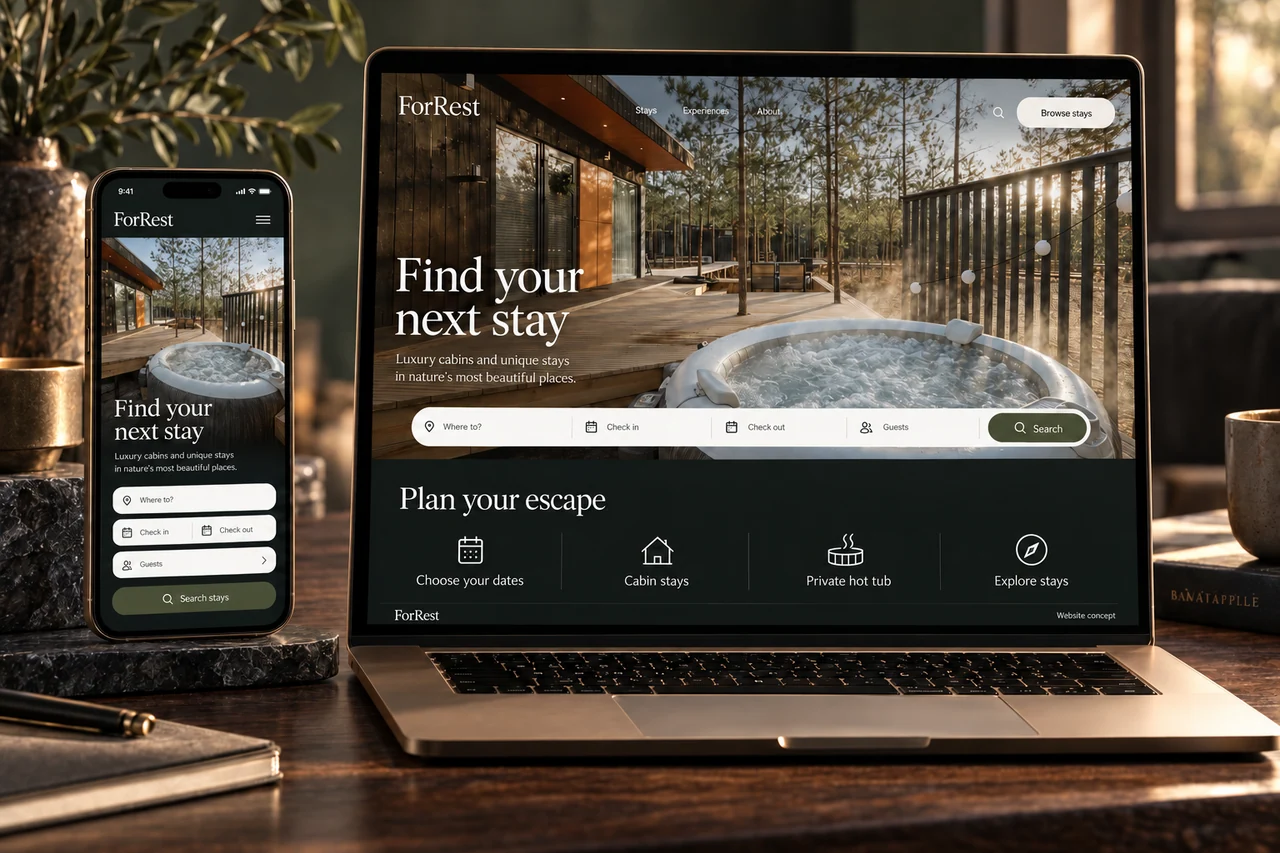 Illustrative ForRest accommodation website on a bronze laptop and booking phone, using original cabin and hot-tub photography.