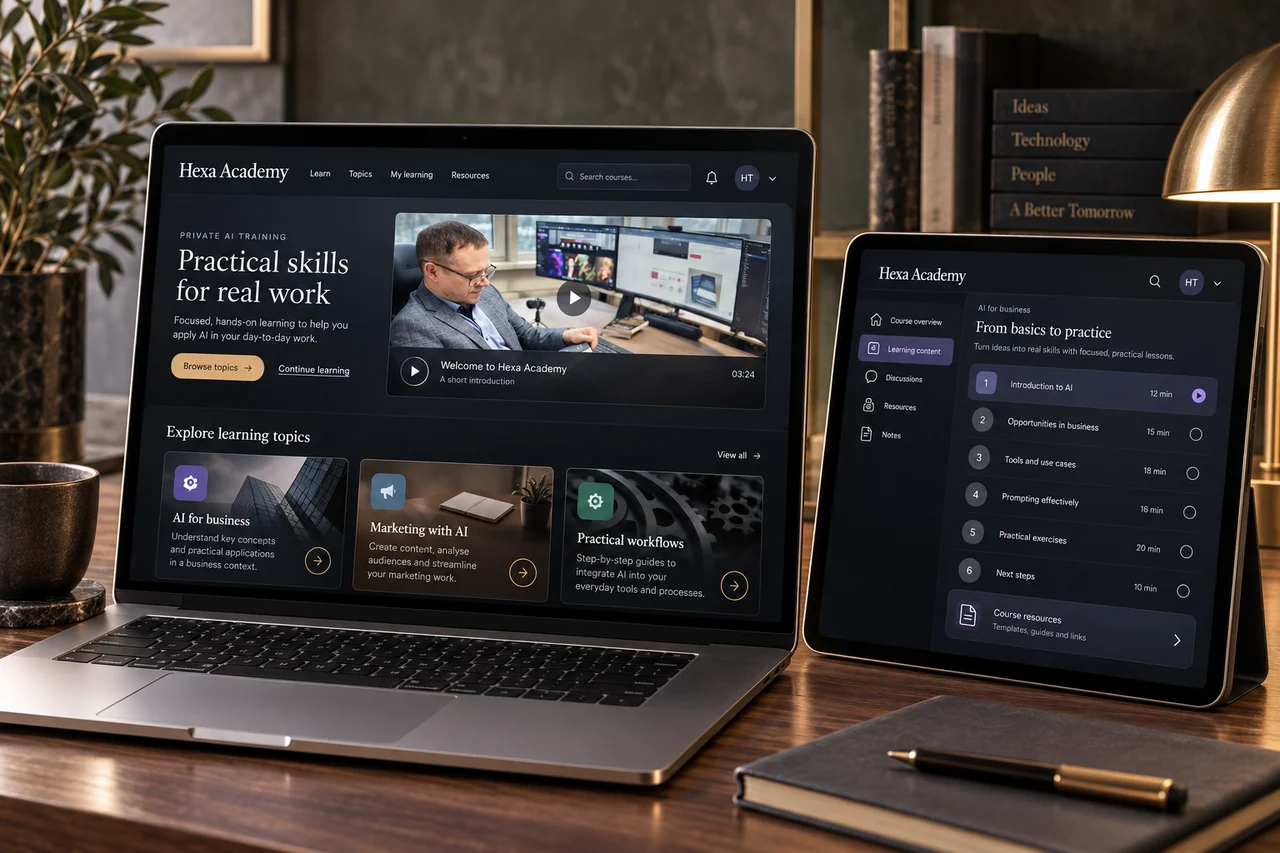 Illustrative Hexa Academy learning website on a laptop and tablet, retaining the original lecturer photograph within the interface.