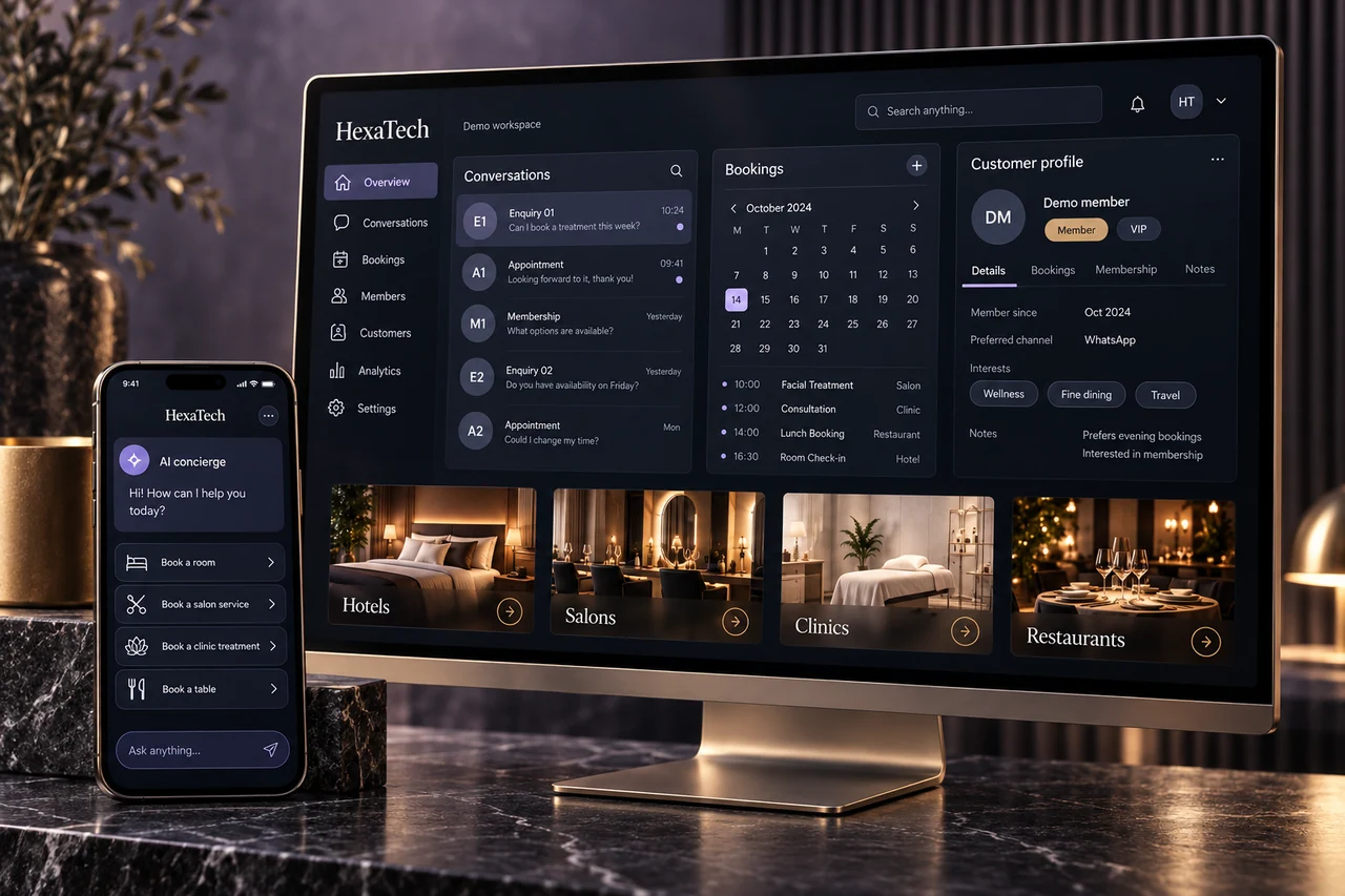 Illustrative HexaTech platform workspace on a bronze desktop display and concierge phone in a dark marble studio.