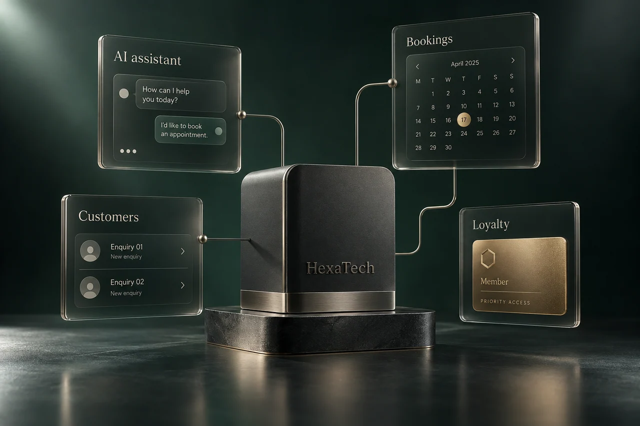 Illustrative HexaTech platform sculpture connecting smoked-glass panels for AI assistant, bookings, customers and loyalty on a deep emerald background.