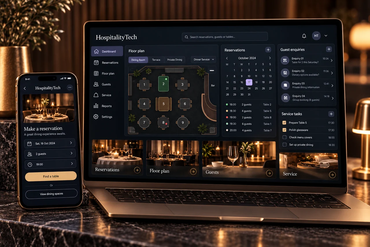 Illustrative HospitalityTech restaurant reservations and guest messages on a bronze laptop and phone in an amber stone studio.