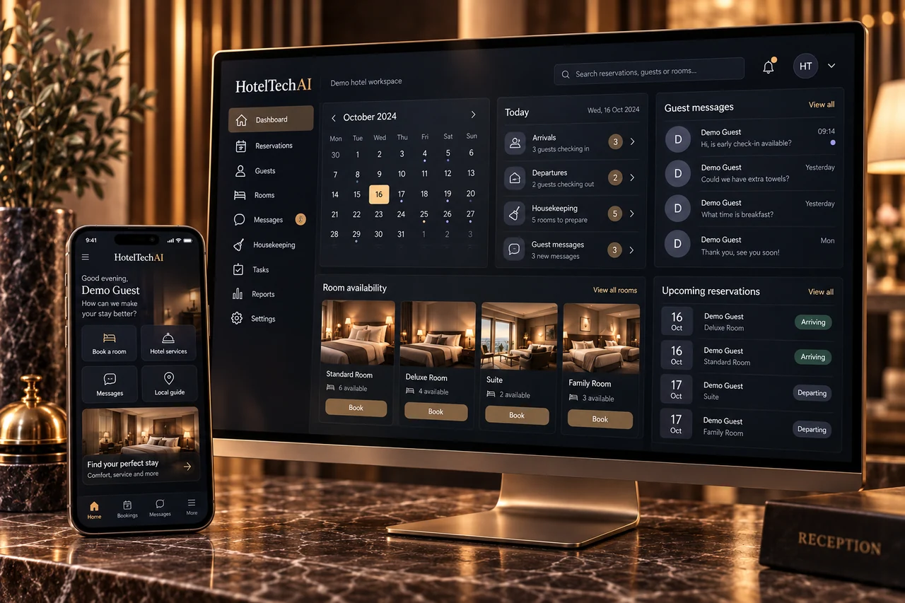 Illustrative HotelTechAI hotel reservation dashboard and guest concierge phone in an amber brass studio.