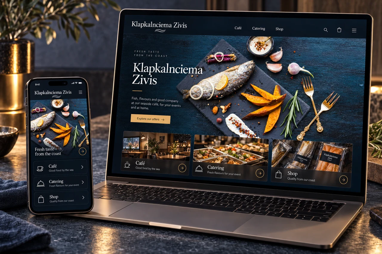 Illustrative Klapkalnciema Zivis café, catering and shop website on a laptop and phone with original fish photography.