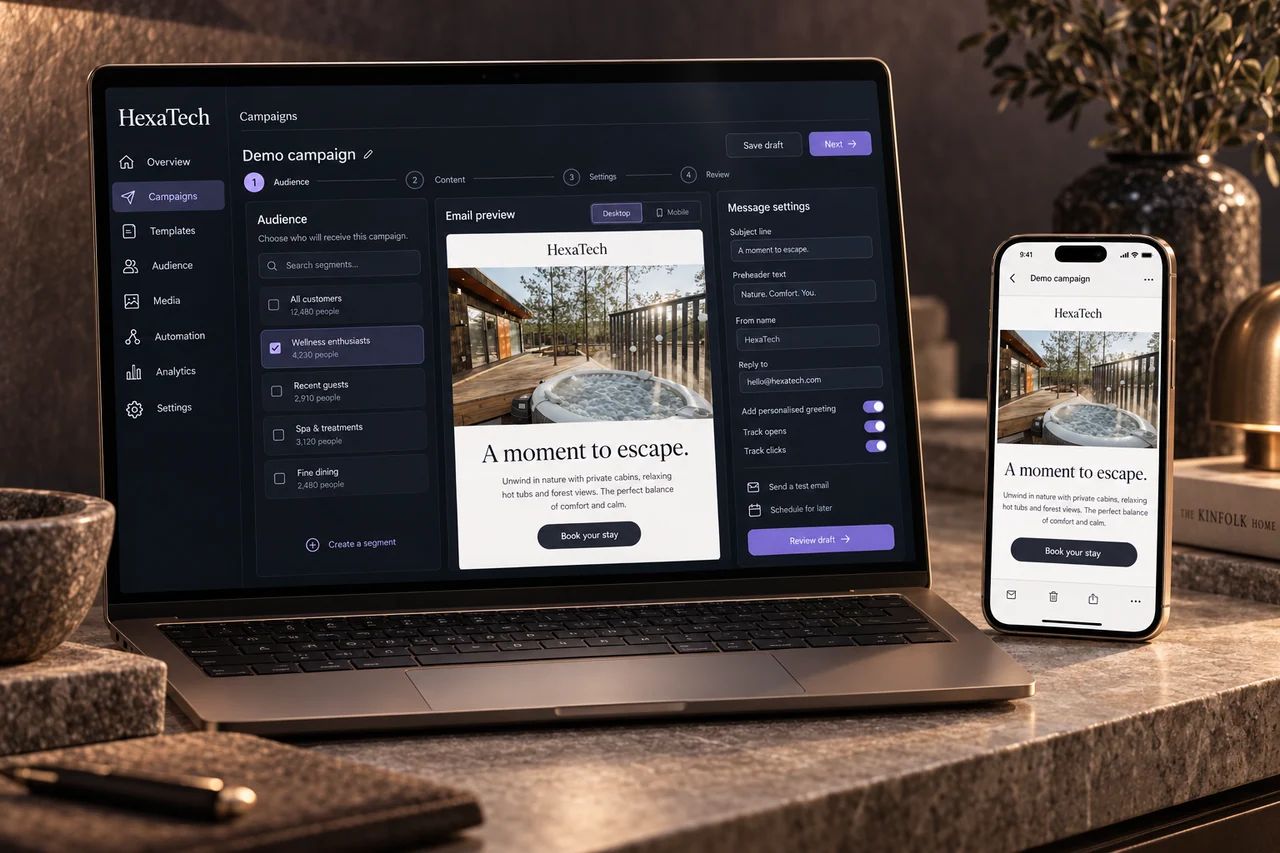 Illustrative HexaTech email campaign builder and mobile email preview using original ForRest cabin photography.