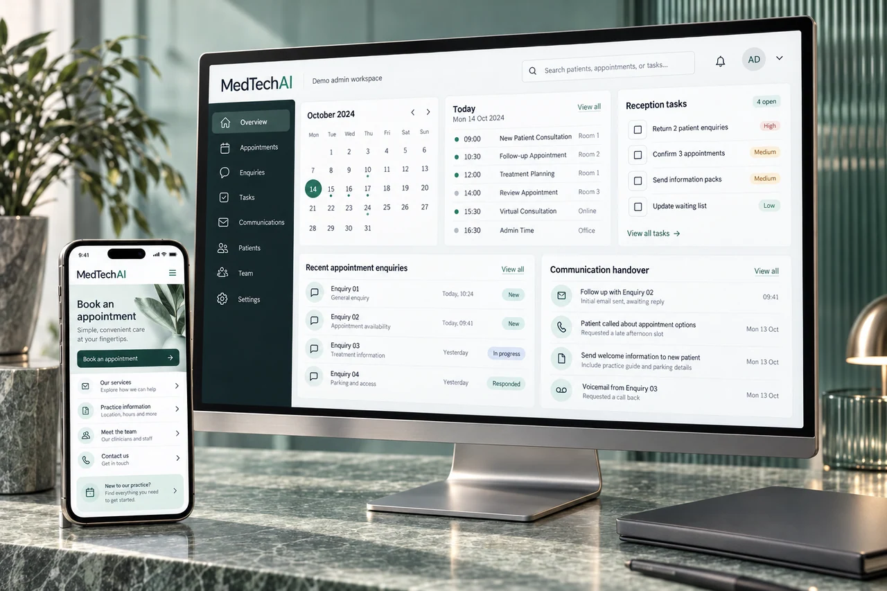 Illustrative MedTechAI clinic appointment and administration software on a silver monitor and phone in a jade stone studio.