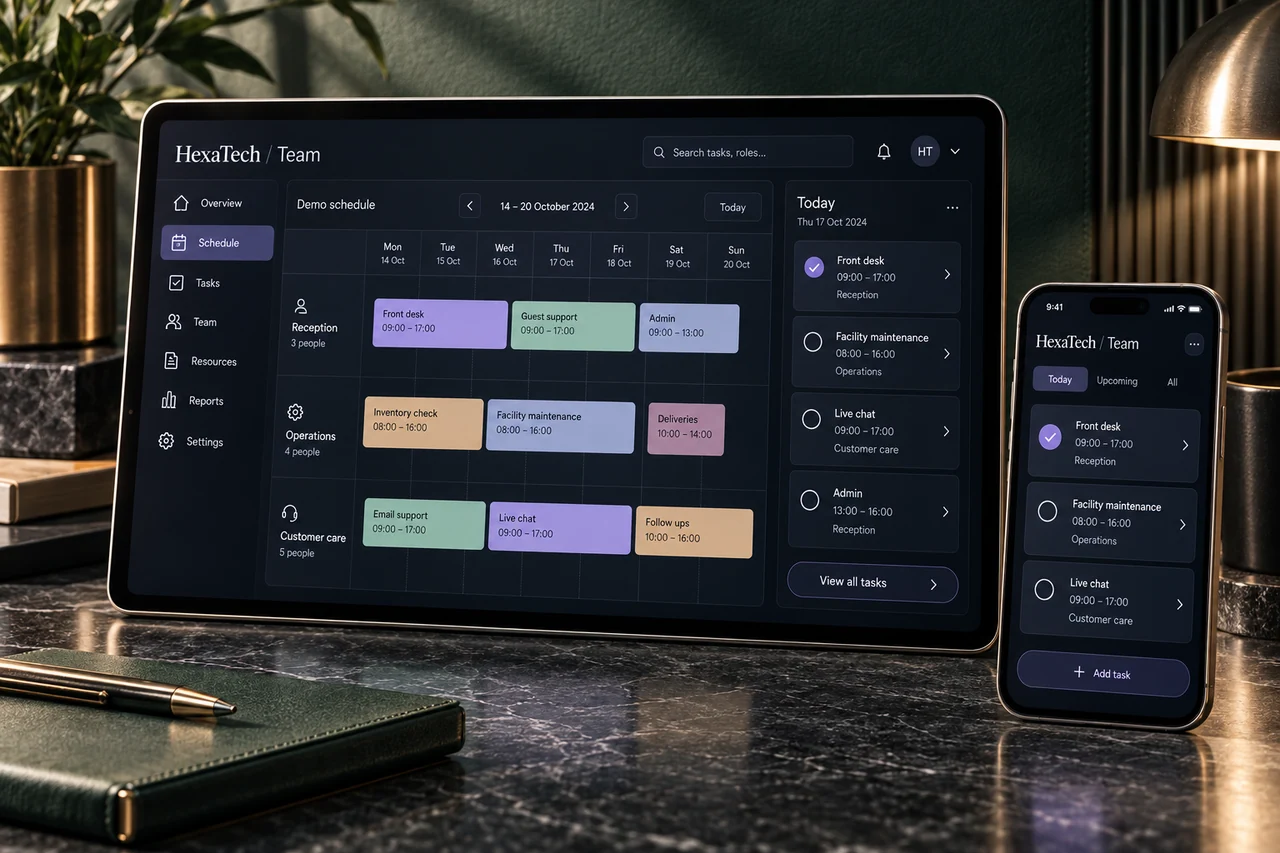 Illustrative HexaTech weekly team schedule on a graphite tablet and task phone in a green stone studio.