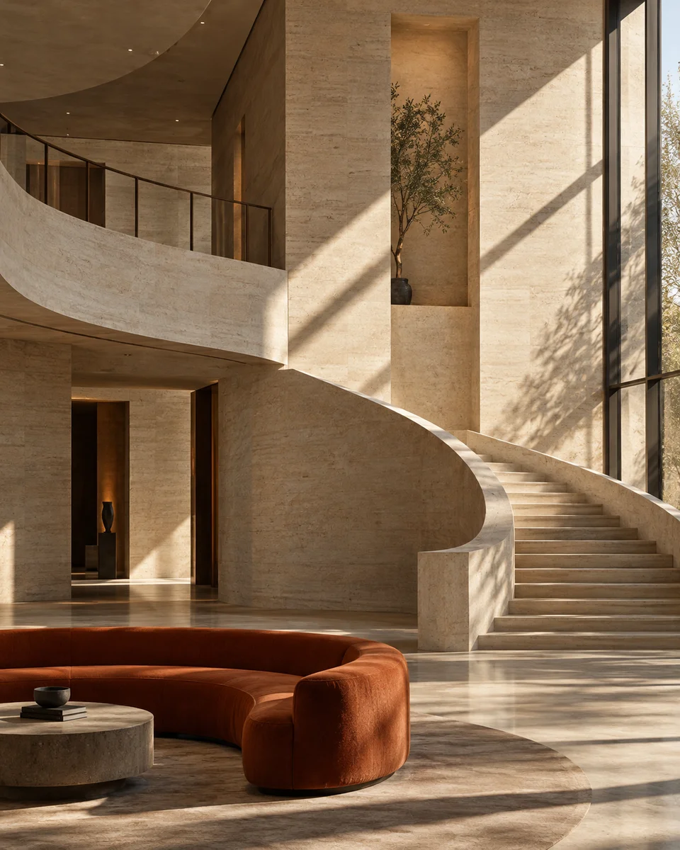 Sunlit stone atrium with a sculptural staircase and burnt-orange seating