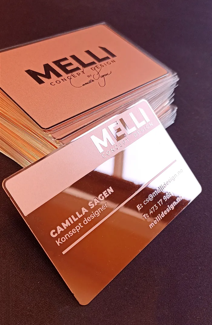 Reflective rose-coloured Melia metal cards