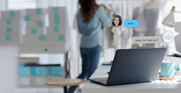 Illustration of a laptop surrounded by customer-service message bubbles