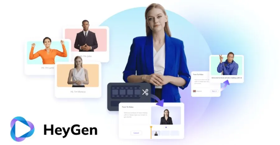 HeyGen promotional image showing a presenter and video avatars