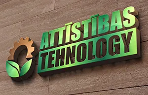 Attistibas Tehnology wall sign with a gear and leaf symbol