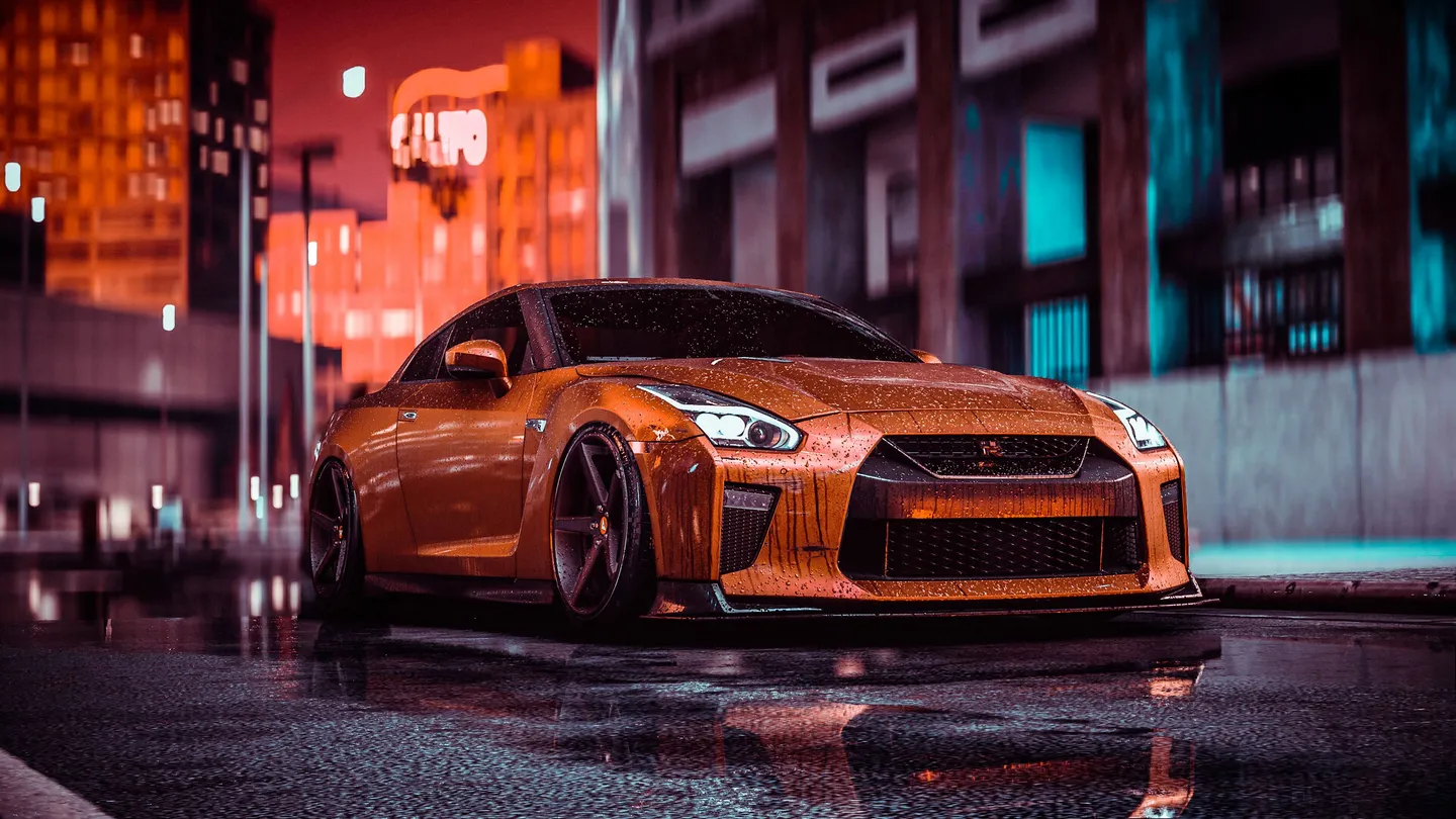 An orange Nissan GT-R on a city street