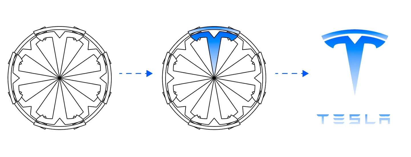 Diagram connecting a motor cross-section to the Tesla T emblem
