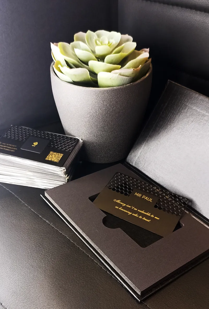 Dark metal membership cards beside a small plant