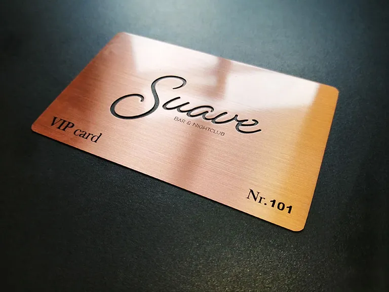 A copper-coloured Suave membership card