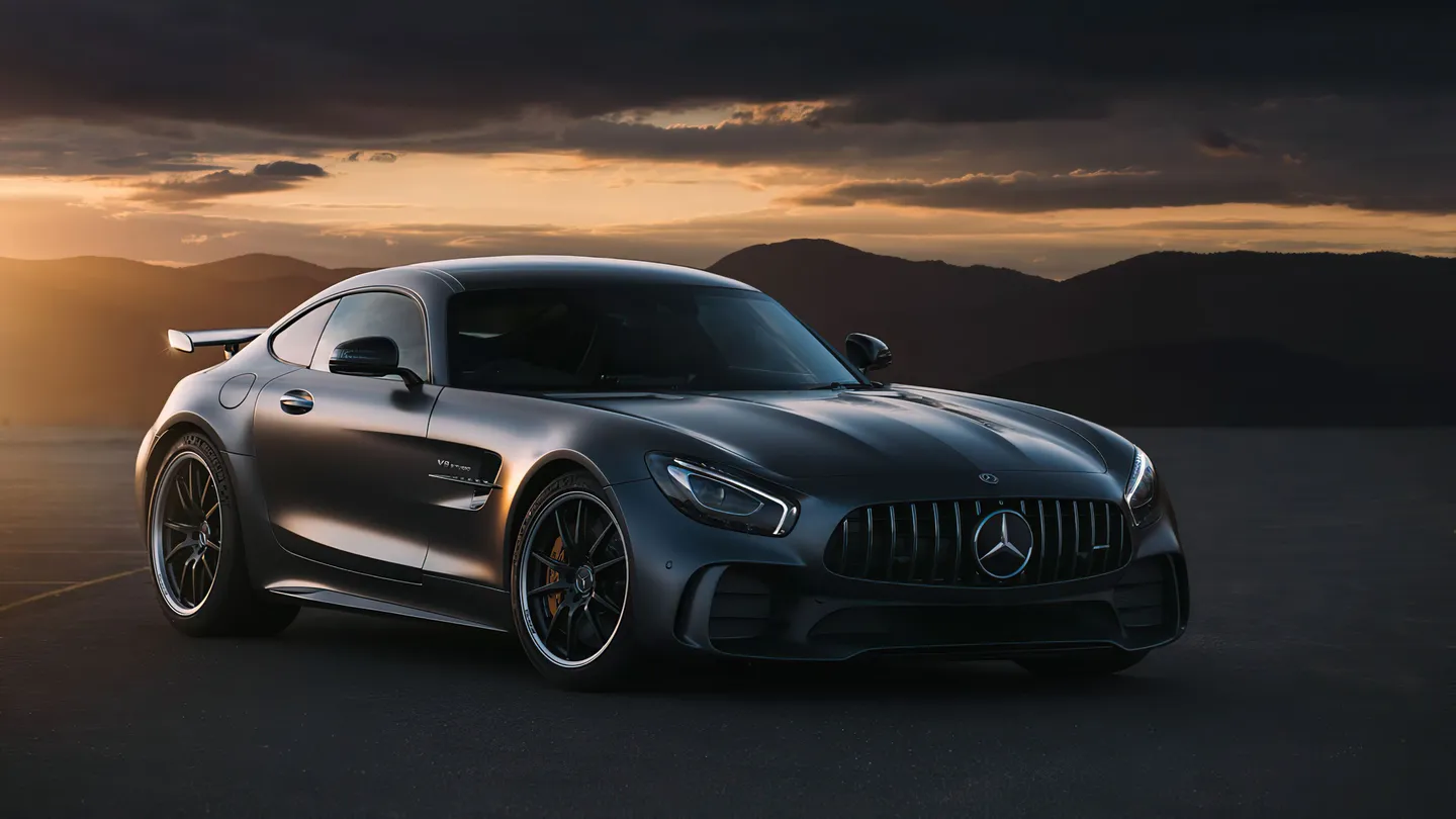 A dark Mercedes sports car at dusk